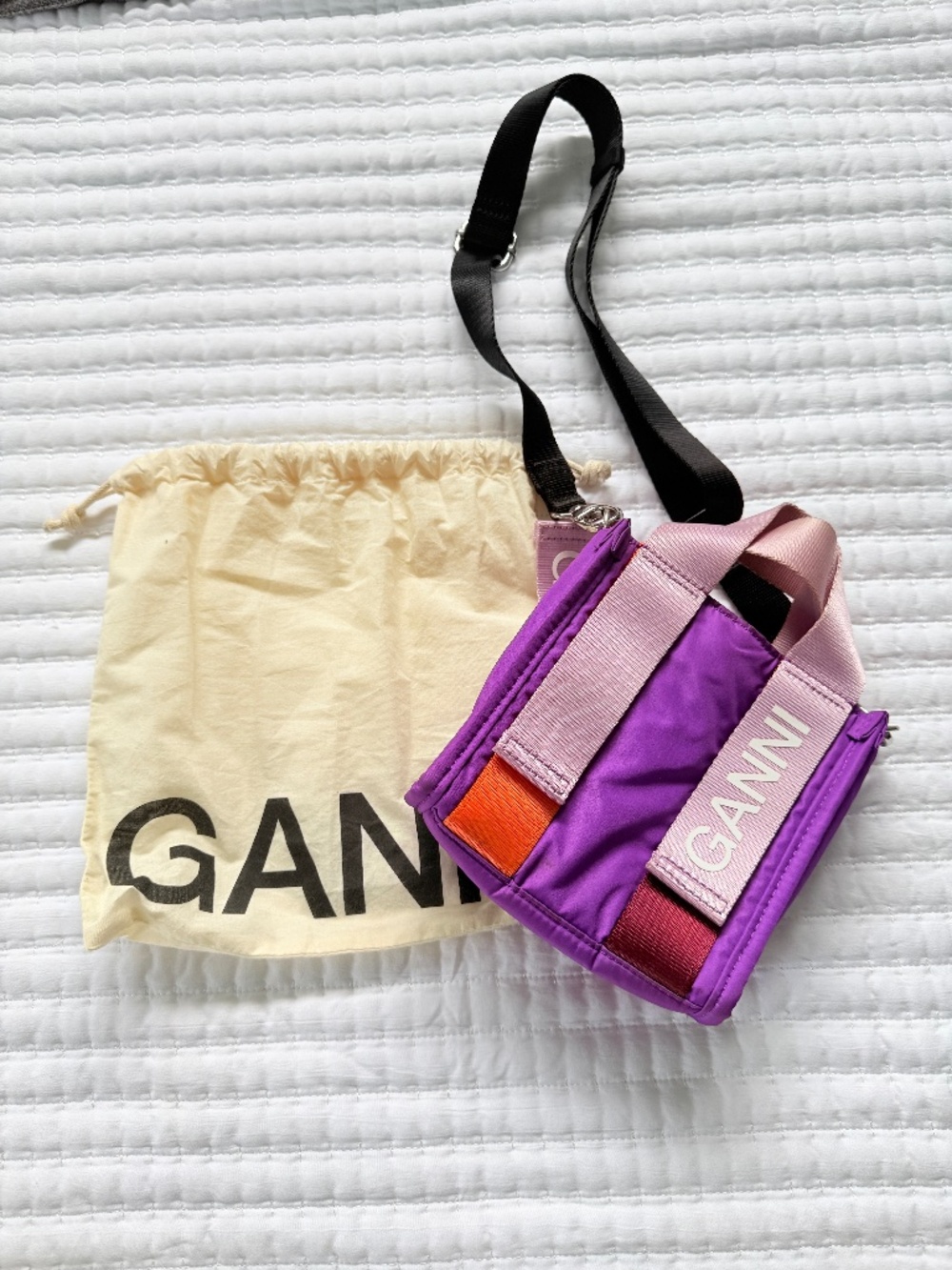 GANNI Recycled Tech Mini Tote Crossbody Bag Purple Pink Colorblock A5058